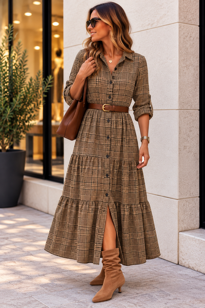 Vestido camisa quadrados com cinto camel