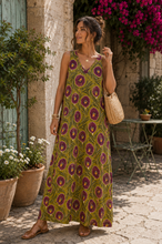 Carregar imagem no visualizador da galeria, Vestido comprido malha fria flores verde e alfazema
