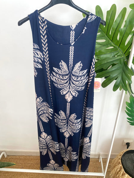 Vestido comprido malha fria palmeiras azul marinho