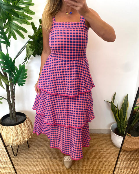 Vestido vichy folhos rosa com azul
