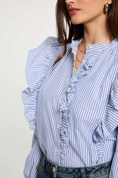Camisa Morgan riscas e folhos azul