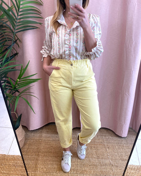 Calças de bombazina com elástico na cintura amarelo