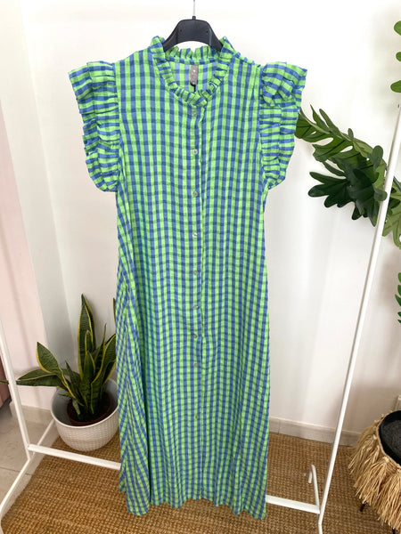 Vestido vichy folho manga verde e azul