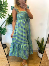 Carregar imagem no visualizador da galeria, Vestido vichy alças franzidas azul e verde
