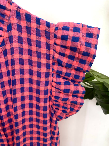 Vestido vichy folho manga rosa e azul