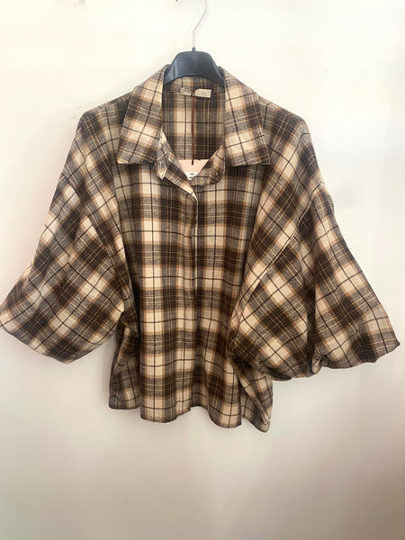 Camisa quadrados manga balão castanho