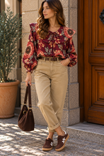 Carregar imagem no visualizador da galeria, Blusa estampada com gola grande flores grandes Bordeaux/rosa
