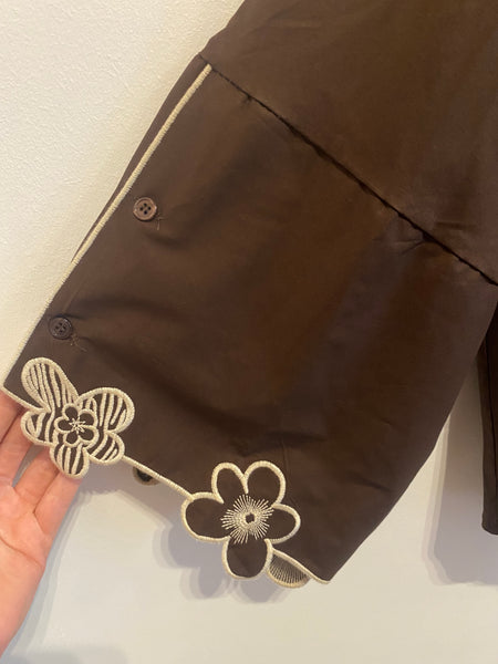 Camisa bordado manga castanho