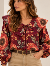 Carregar imagem no visualizador da galeria, Blusa estampada com gola grande flores grandes Bordeaux/rosa
