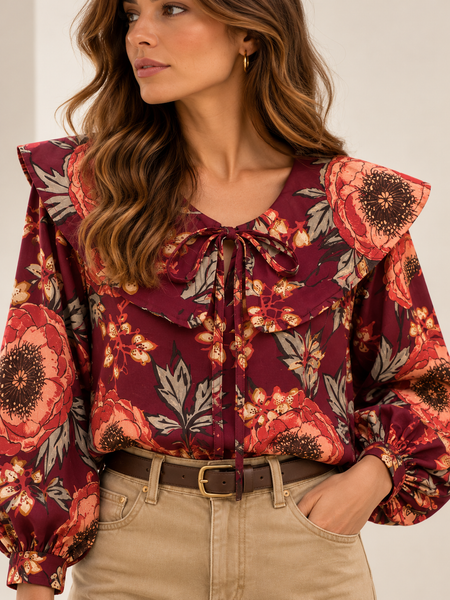 Blusa estampada com gola grande flores grandes Bordeaux/rosa