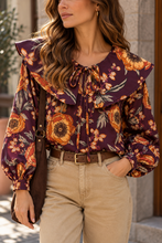 Carregar imagem no visualizador da galeria, Blusa estampada com gola grande flores ameixa/tijolo
