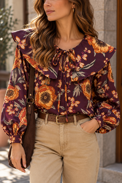 Blusa estampada com gola grande flores ameixa/tijolo