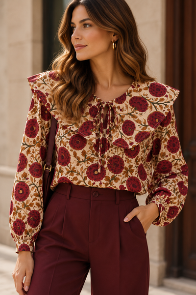 Blusa estampada com gola grande Branco/bordeaux
