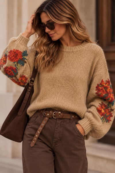 Camisola de malha mangas bordadas camel