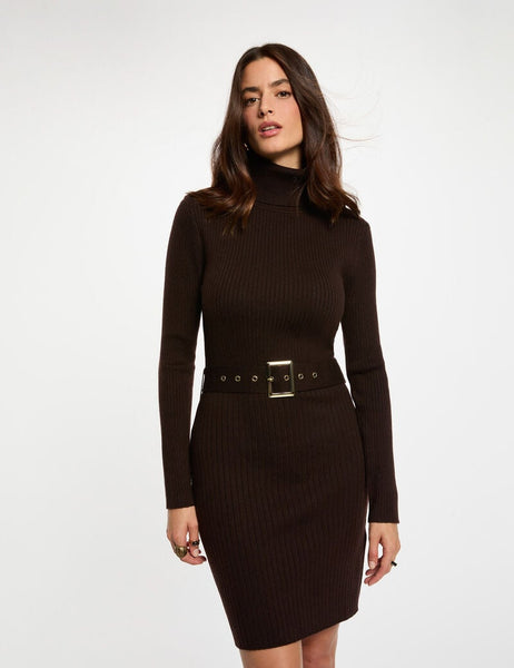 Vestido de malha gola alta castanho Morgan