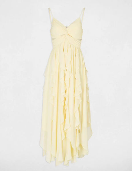 Vestido Morgan comprido amarelo manteiga